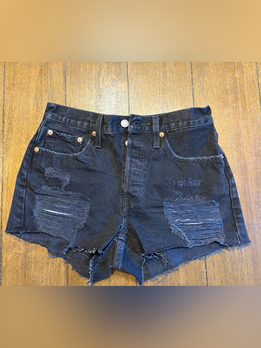 Levi’s 501 Black Distressed Denim Shorts